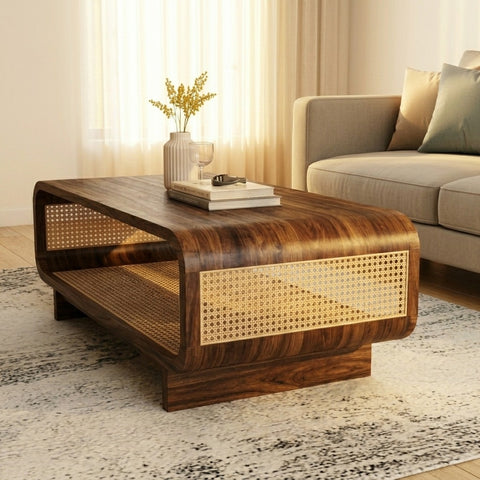 PRITI Sheesham Wood & Cane Coffee Table for Living Room – Walnut Finish