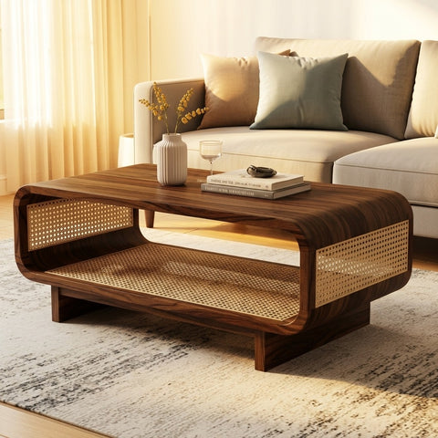 PRITI Sheesham Wood & Cane Coffee Table for Living Room – Walnut Finish