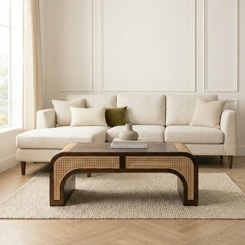 PRITI Sheesham Wood & Cane Coffee Table for Living Room – Walnut Finish