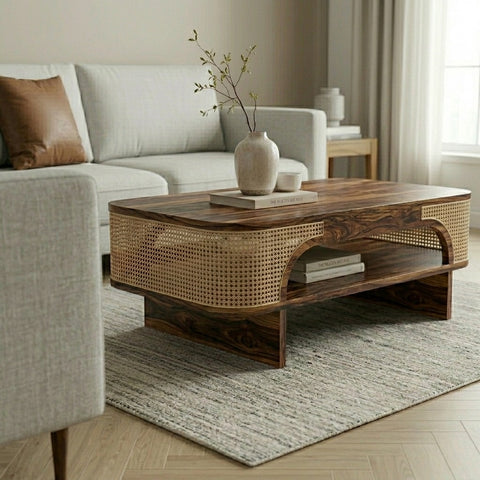 PRITI Sheesham Wood & Cane Coffee Table for Living Room – Walnut Finish