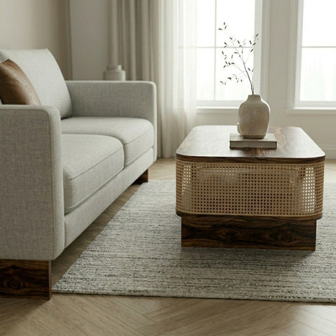 PRITI Sheesham Wood & Cane Coffee Table for Living Room – Walnut Finish