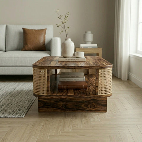 PRITI Sheesham Wood & Cane Coffee Table for Living Room – Walnut Finish