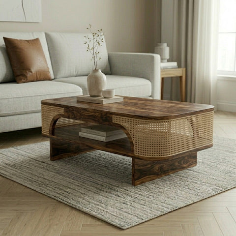PRITI Sheesham Wood & Cane Coffee Table for Living Room – Walnut Finish