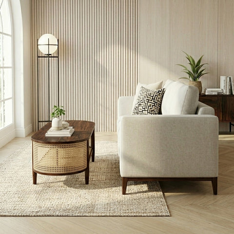 PRITI Sheesham Wood & Cane Coffee Table for Living Room – Walnut Finish