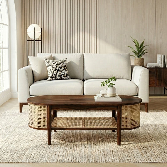 PRITI Sheesham Wood & Cane Coffee Table for Living Room – Walnut Finish