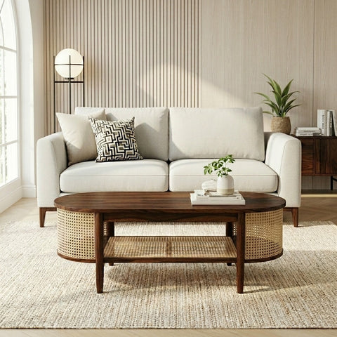 PRITI Sheesham Wood & Cane Coffee Table for Living Room – Walnut Finish