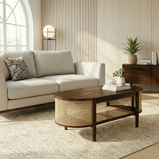 PRITI Sheesham Wood & Cane Coffee Table for Living Room – Walnut Finish