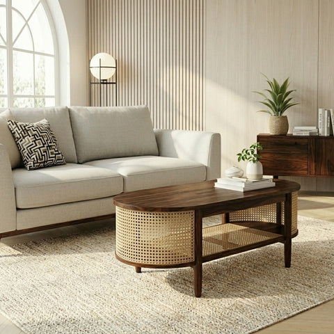 PRITI Sheesham Wood & Cane Coffee Table for Living Room – Walnut Finish