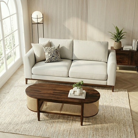 PRITI Sheesham Wood & Cane Coffee Table for Living Room – Walnut Finish