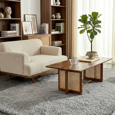 PRITI Cane and Solid Wood Coffee Table | Wooden Coffee Table for Living Room