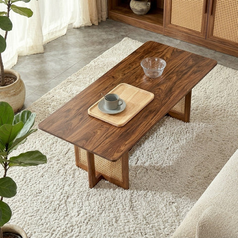 PRITI Cane and Solid Wood Coffee Table | Wooden Coffee Table for Living Room