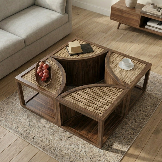 PRITI Cane and Solid Wood Coffee Table | Wooden Coffee Table for Living Room