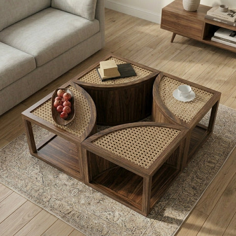 PRITI Cane and Solid Wood Coffee Table | Wooden Coffee Table for Living Room