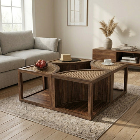 PRITI Cane and Solid Wood Coffee Table | Wooden Coffee Table for Living Room