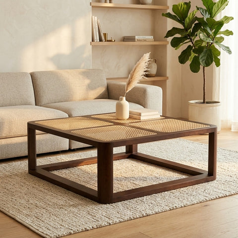 PRITI Solid Wood Rattan Coffee Table | Wooden Coffee Table for Living Room