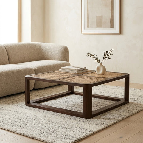 PRITI Solid Wood Rattan Coffee Table | Wooden Coffee Table for Living Room