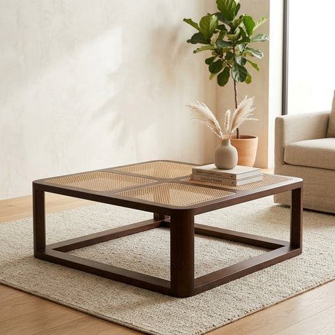 PRITI Solid Wood Rattan Coffee Table | Wooden Coffee Table for Living Room