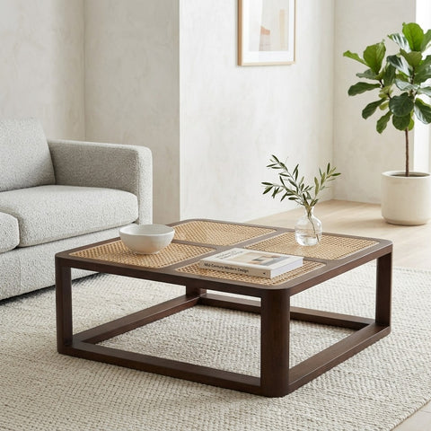 PRITI Solid Wood Rattan Coffee Table | Wooden Coffee Table for Living Room