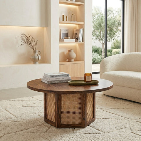 PRITI Solid Wood Black Colour and Cane Weaving Work Coffee Table for Living Room