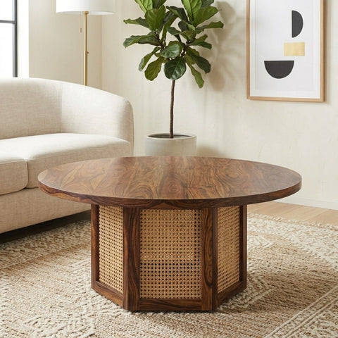 PRITI Solid Wood Black Colour and Cane Weaving Work Coffee Table for Living Room