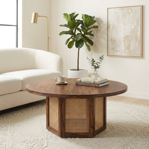 PRITI Solid Wood Black Colour and Cane Weaving Work Coffee Table for Living Room