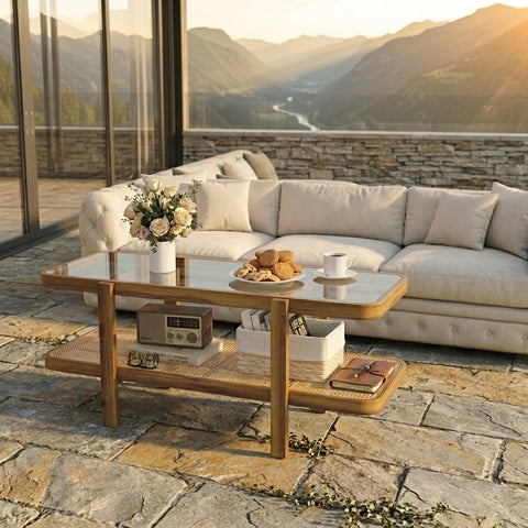 PRITI Solid Wood Coffee Table with Cane Weaving and Glass Top