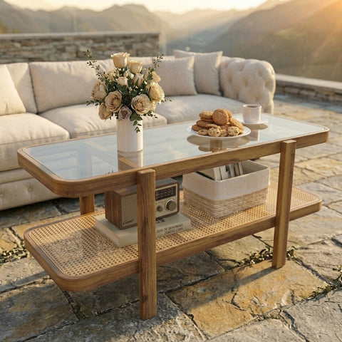 PRITI Solid Wood Coffee Table with Cane Weaving and Glass Top