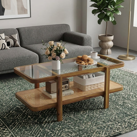 PRITI Solid Wood Coffee Table with Cane Weaving and Glass Top