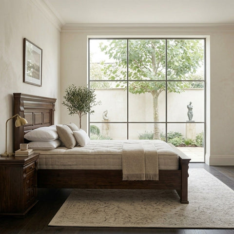 PRITI Wood Solid Wood Classic Panel Bed with Carved Pillars and Fluted Detailing