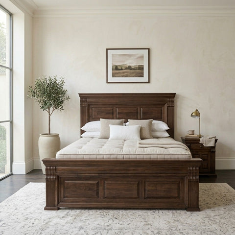 PRITI Wood Solid Wood Classic Panel Bed with Carved Pillars and Fluted Detailing