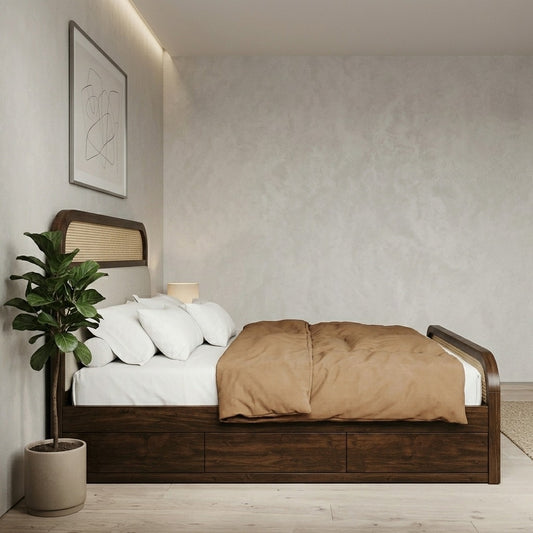 PRITI Wood Solid Wood Bed Natural Rattan Cane Weave & Upholstered Headboard