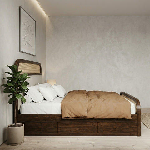 PRITI Wood Solid Wood Bed Natural Rattan Cane Weave & Upholstered Headboard