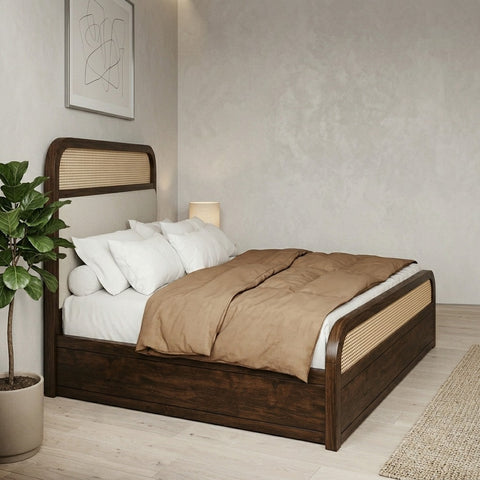 PRITI Wood Solid Wood Bed Natural Rattan Cane Weave & Upholstered Headboard