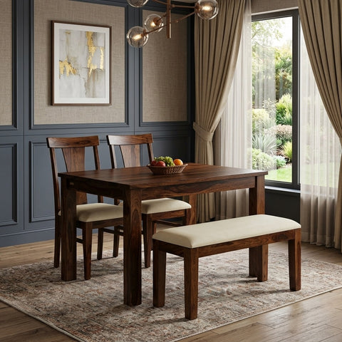 Priti Sheesham Wood 4 Seater Dining Set In Teak Finish With Bench