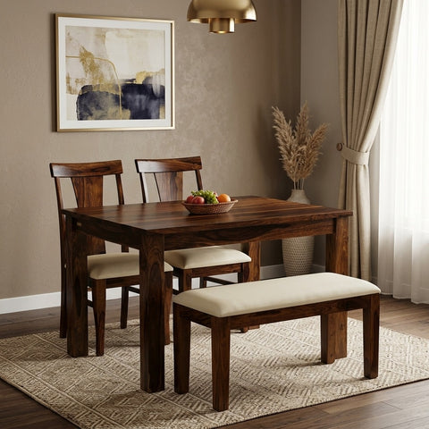 Priti Sheesham Wood 4 Seater Dining Set In Teak Finish With Bench