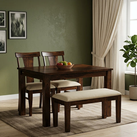 Priti Sheesham Wood 4 Seater Dining Set In Teak Finish With Bench