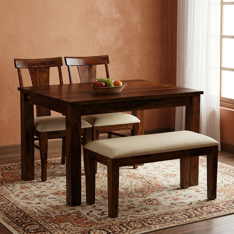 Priti Sheesham Wood 4 Seater Dining Set In Teak Finish With Bench