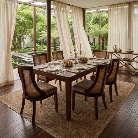 PRITI WOOD 6-Seater Solid Wood Dining Set with Upholstered Chairs and Woven Cane Backrest