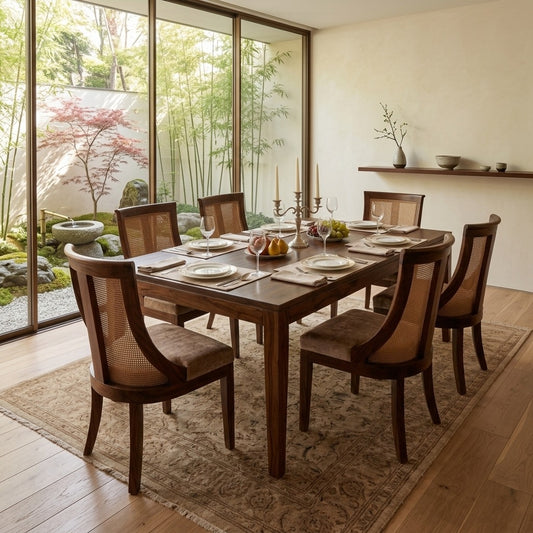 PRITI WOOD 6-Seater Solid Wood Dining Set with Upholstered Chairs and Woven Cane Backrest