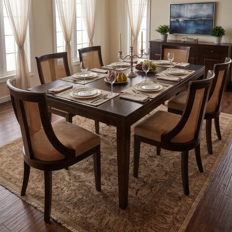PRITI WOOD 6-Seater Solid Wood Dining Set with Upholstered Chairs and Woven Cane Backrest