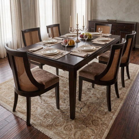 PRITI WOOD 6-Seater Solid Wood Dining Set with Upholstered Chairs and Woven Cane Backrest
