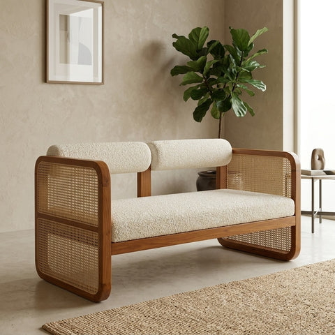 PRITI WOOD Mid-Century Modern Cane Armchair Cum Sofa – Solid Wood