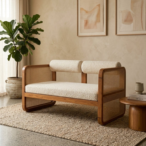 PRITI WOOD Mid-Century Modern Cane Armchair Cum Sofa – Solid Wood
