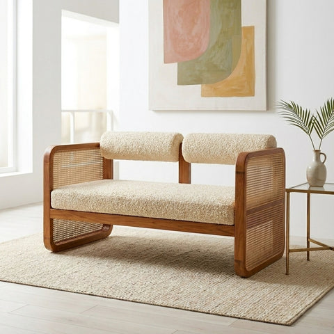 PRITI WOOD Mid-Century Modern Cane Armchair Cum Sofa – Solid Wood