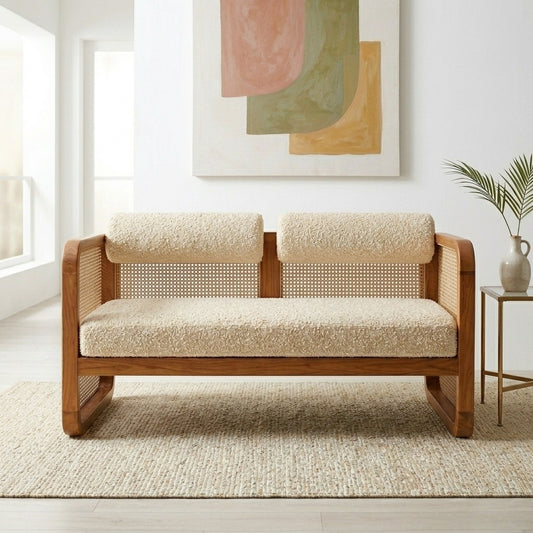 PRITI WOOD Mid-Century Modern Cane Armchair Cum Sofa – Solid Wood