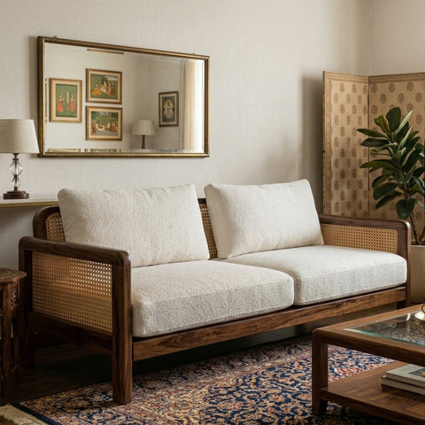 PRITI WOOD Solid Wood Sofa with Natural Cane Backrest and Premium Fabric Cushions