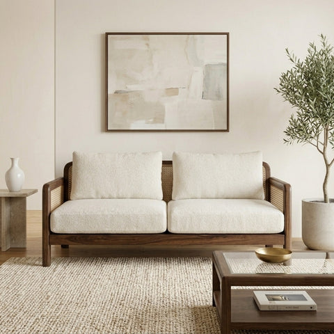 PRITI WOOD Solid Wood Sofa with Natural Cane Backrest and Premium Fabric Cushions