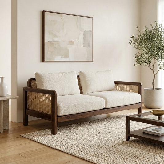 PRITI WOOD Solid Wood Sofa with Natural Cane Backrest and Premium Fabric Cushions