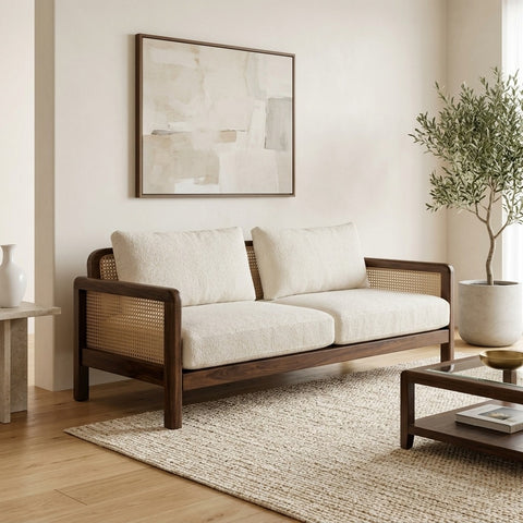 PRITI WOOD Solid Wood Sofa with Natural Cane Backrest and Premium Fabric Cushions