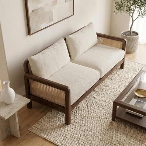 PRITI WOOD Solid Wood Sofa with Natural Cane Backrest and Premium Fabric Cushions